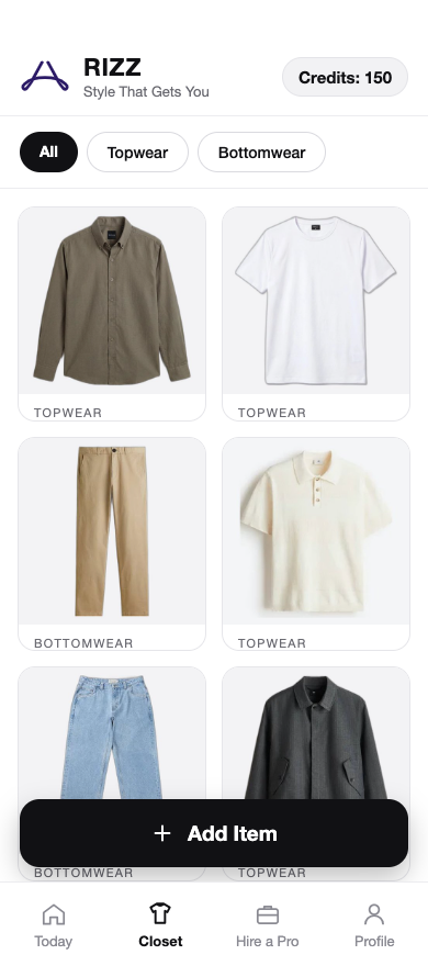 Digital closet in the Rizz wardrobe app