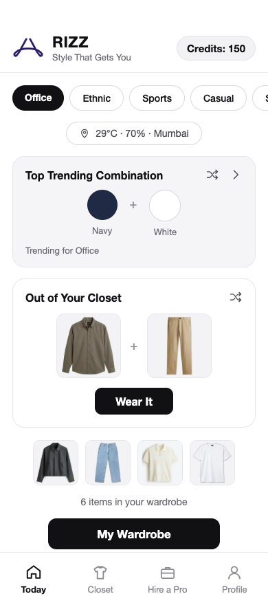 Rizz AI stylist suggesting today's outfit from the user's own wardrobe